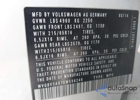 2014 Volkswagen Tiguan S из США, поврежденный, VIN WVGBV3AX7EW596246